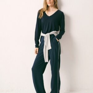 Silk piped trouser - Navy with Ivory piping
