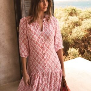 Gauze linen dress - Pink block print