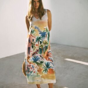 Silk scenic print maxi dress