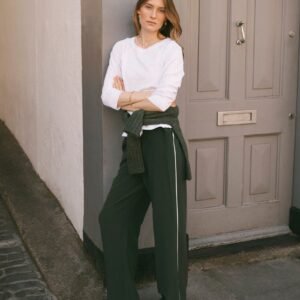Silk piped trouser - Khaki with ivory piping